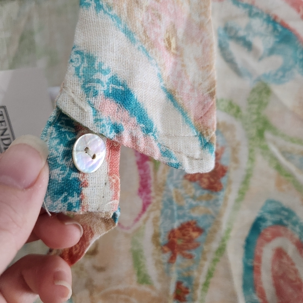 NWT Itallian 100% Linen beachy island button up shirt coastal paisley artsy OS - Picture 4 of 12